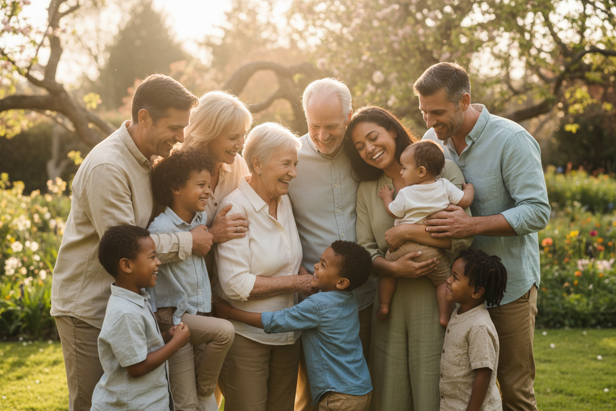Geef een afbeelding over de zin. Niemand meer alleen dus dan denk ik aan een leuke groepsfoto van een famillie